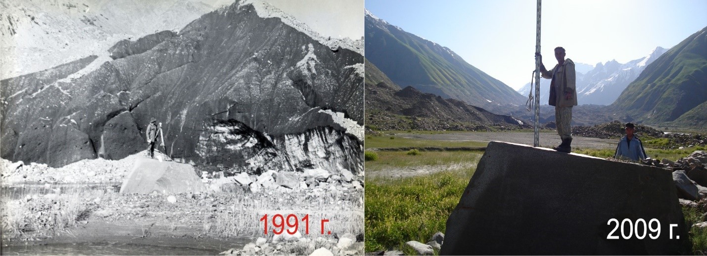 При посещении ледника Зерафшанский в 1979 году граница его языка находилась в 200-250 м от ориентира. Ледник продолжает отступать и уменьшается по площади и по объему. Фото: Центр гляциологии Агентства по гидрометеорологии Таджикистана. 