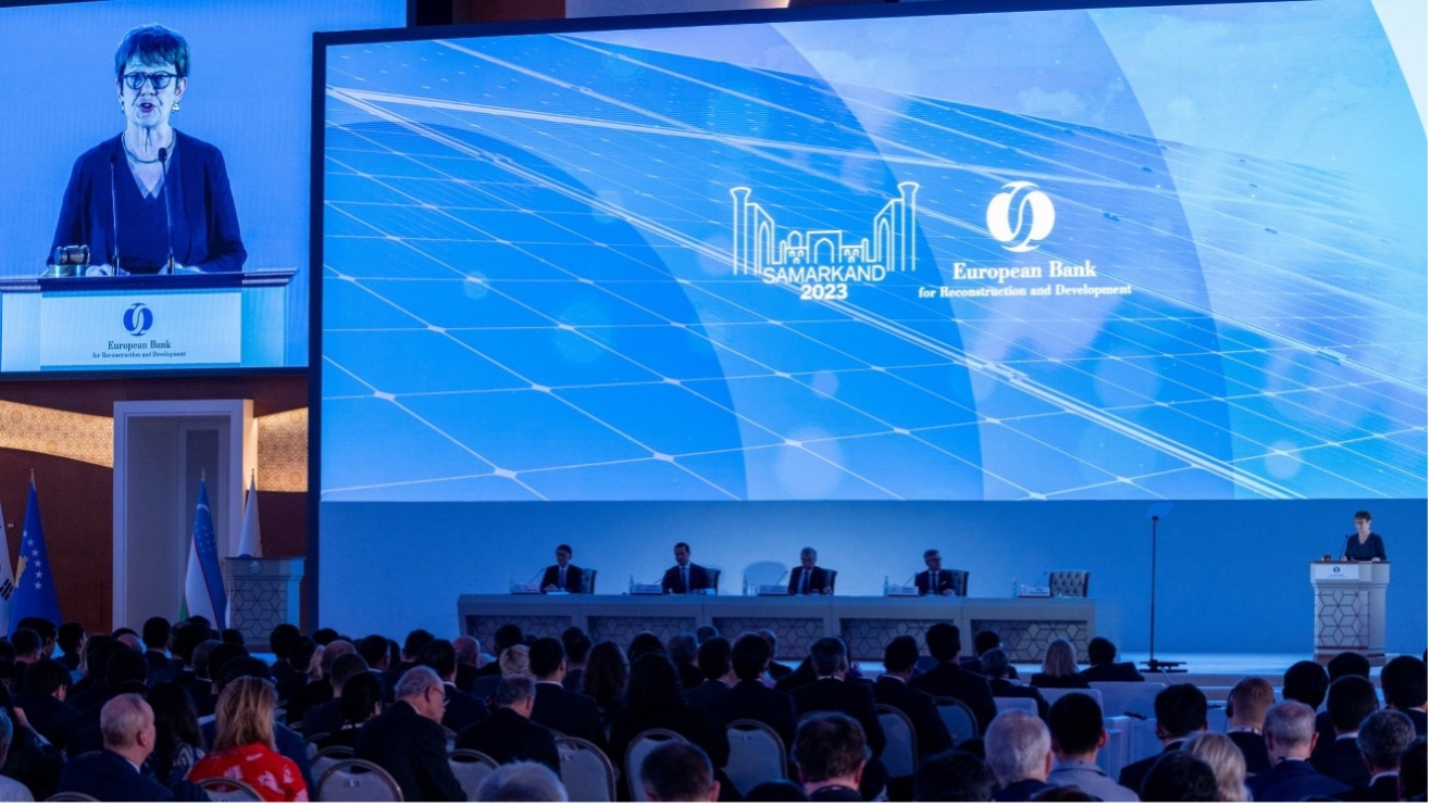 Leading voice: EBRD president Odile Renaud-Basso addresses the event in Samarkand. Source: The Banker